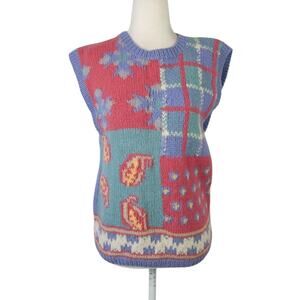 Vintage 90s Skyr Blue Patchwork Shetland Wool Sweater Vest M